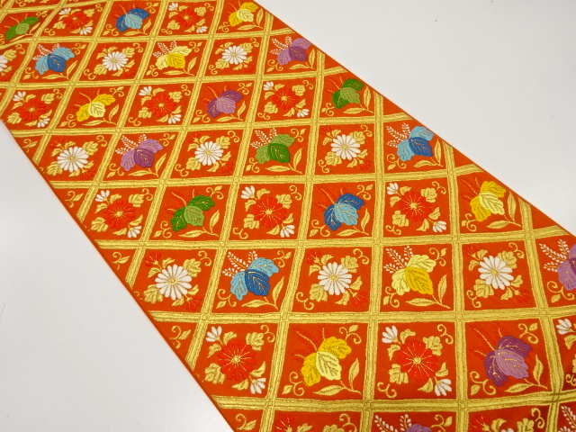 斜め格子に桐・菊模様織り出し　袋帯